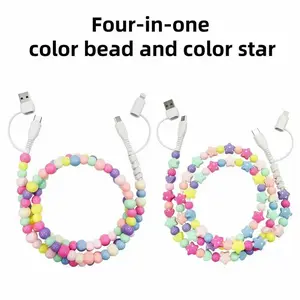 4-in-1  Beaded Bracelet Charging Cable – USB Cord with Lightning/Type-C/Micro USB Adapters, Portable Wearable Design, for iOS & Android Devices  Combo pack