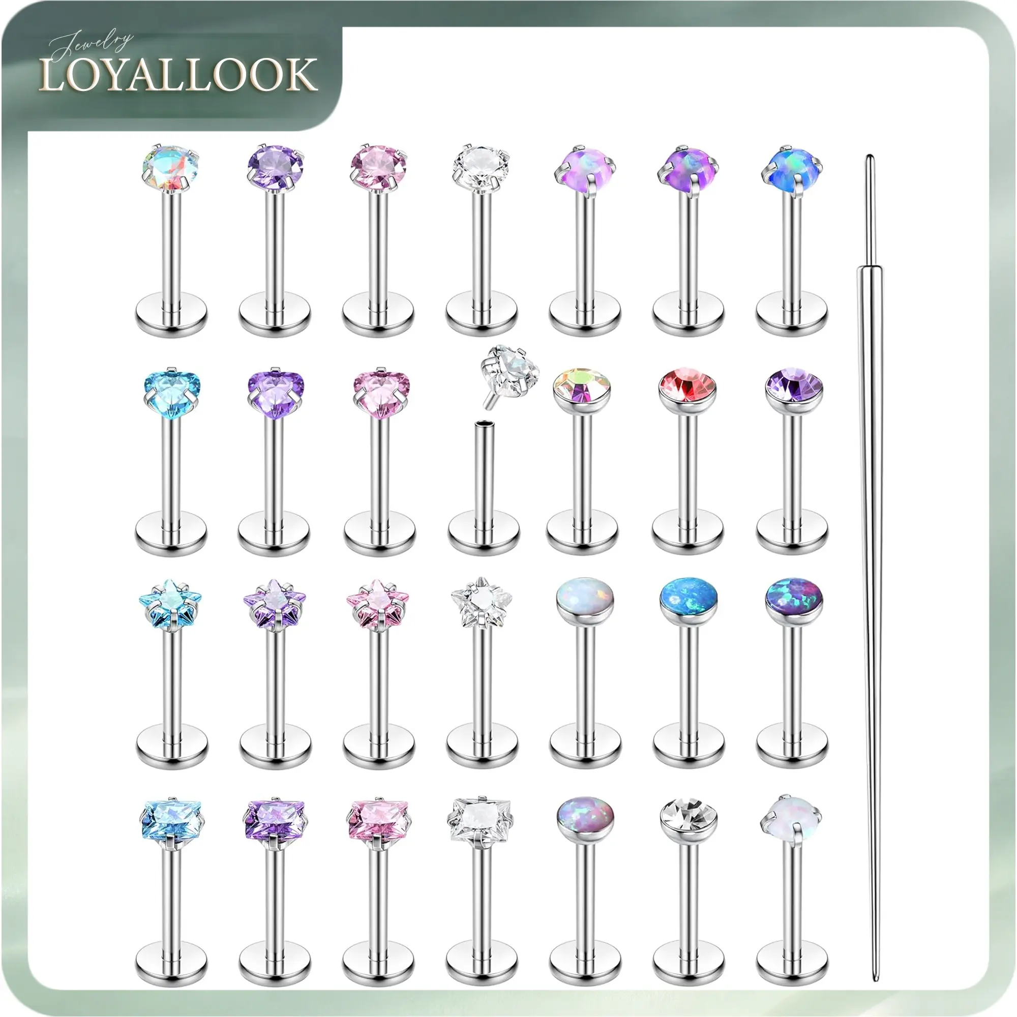 LOYALLOOK 28Pcs Threadless Nose Rings Studs Set Surgical Steel Lip Nostril Labret Medusa Piercing Jewelry Push in Tragus Conch Helix Flat Back Earrings for Women Men 16G 18G 20G 6/8mm