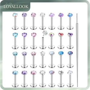 LOYALLOOK 28Pcs Threadless Nose Rings Studs Set Surgical Steel Lip Nostril Labret Medusa Piercing Jewelry Push in Tragus Conch Helix Flat Back Earrings for Women Men 16G 18G 20G 6/8mm