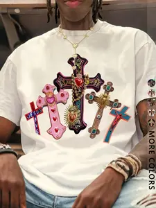 Unisex Y2K Style Classic Vintage Christian Jesus and Virgin Mary with Cross Graphic Print Round Neck T-Shirt, Streetwear Faith Culture Vibe, Casual Short Sleeve Tee, Men's Gift