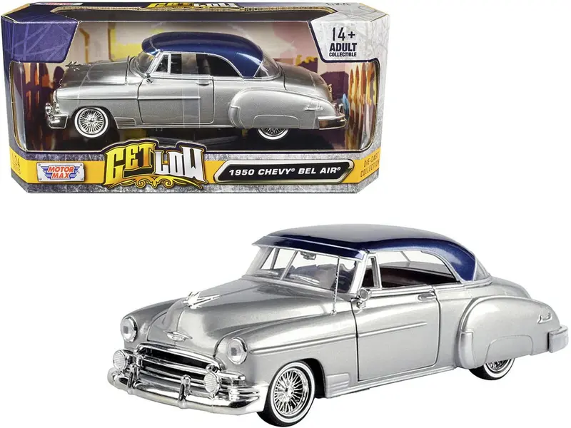1950 Chevy Bel Air Lowrider Silver Metallic with Blue Metallic Top Get Low Series 1/24 Diecast Model Car by Motormax