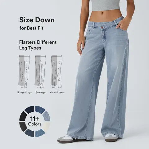 Halara Flex™ Asymmetric Low Rise Zipper Pockets Baggy Wide Leg Washed Casual Jeans