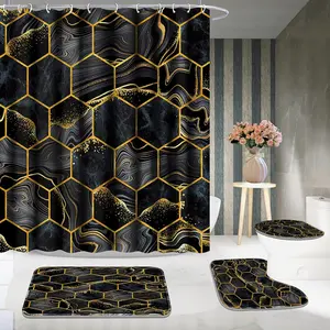 1/4 pcs luxurious black and gold honeycomb marble pattern design shower curtain set, non-slip floor mat, U-shaped carpet, toilet lid cover, perfect for bathroom decoration, partition, beautify the space, Bathroom Decoration Accessories