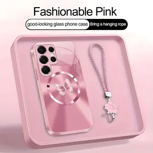 Suitable for [Galaxy S25 Ultra] high-end MagSafe phone case，Includes a complimentary four-leaf clover lanyard and magnetic ring.A crystal-clear butterfly print pattern.YM99