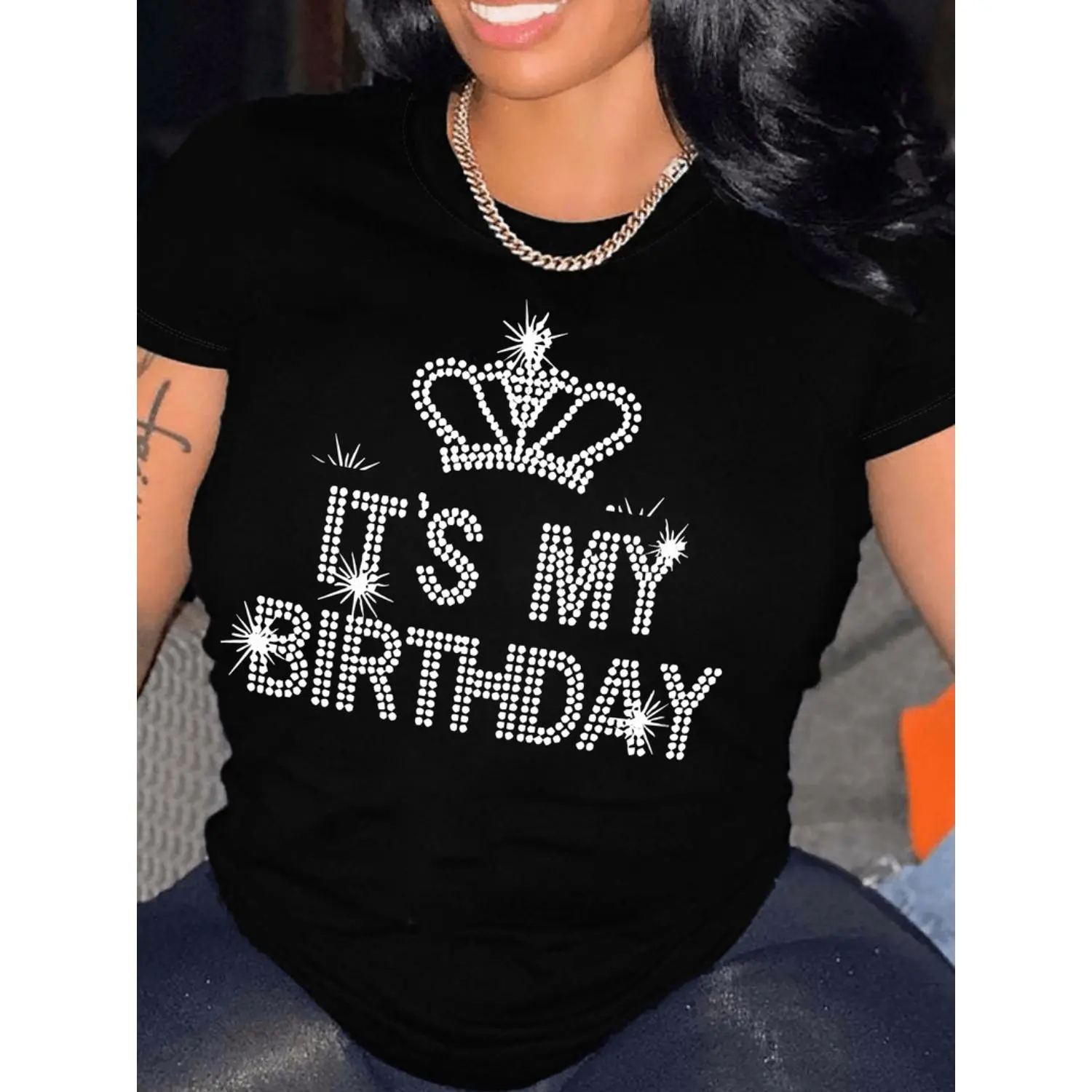 Birthday Celebration Graphic Print T-shirt Featuring Alphabet Pattern and Casual Crew Neck in 100 Percent Polyester Knit Fabric Suitable for All Seasons