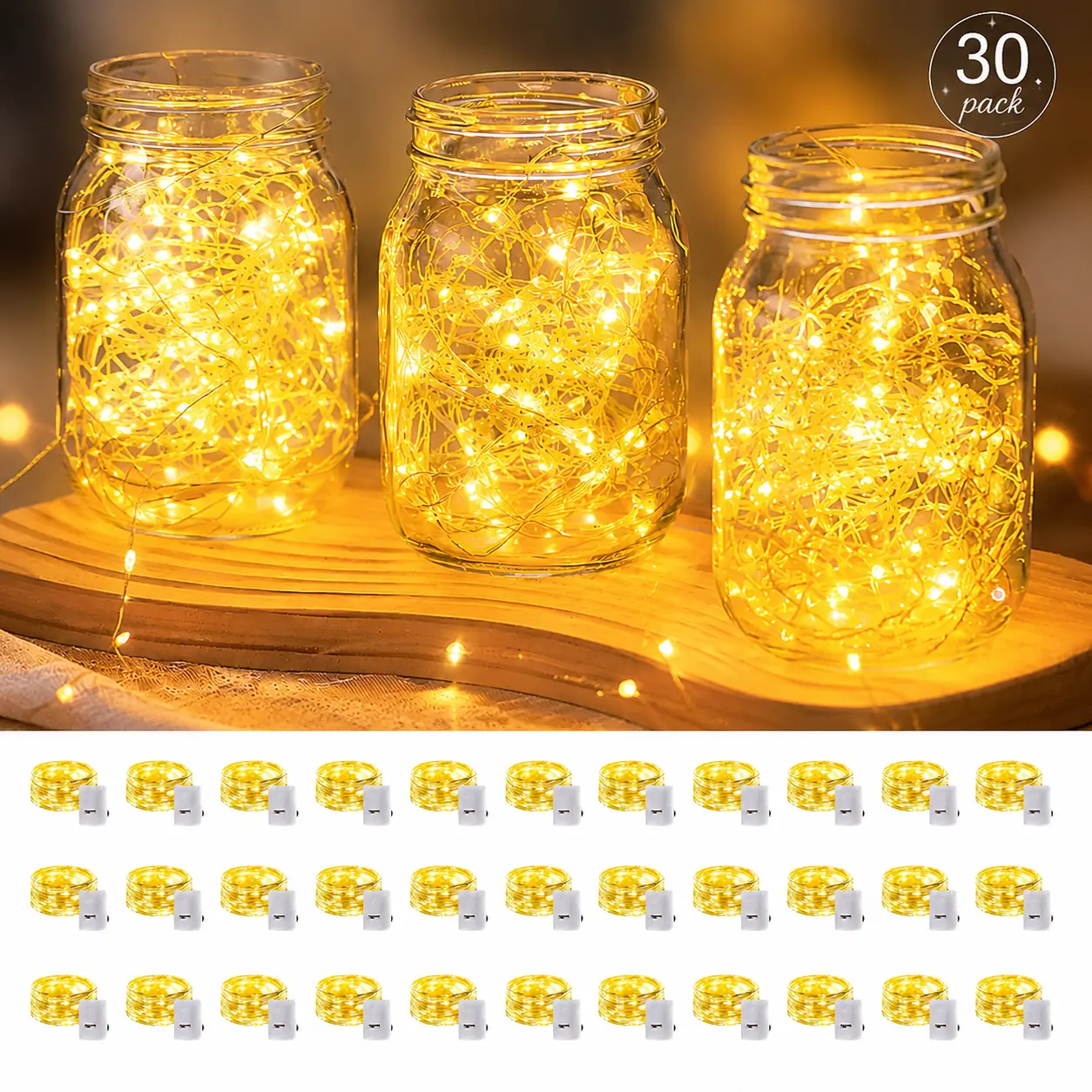 30PCS/10PCS/1PCS Fairy Lights Battery Operated, 3.3ft 20 LED Mini String Lights Twinkle Lights Copper Wire Firefly Starry Lights for Mason Jars Wedding Party Christmas Centerpiece Table Decorations, Warm White