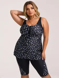2026 Plus Size High Waist Knee Length Two Piece Tankini Swimsuit Set for Women, New Fashion Scoop Neck Ruched Front Dalmatian Print,High Stretch Tummy Control Modest Beach Vacation Swimwear