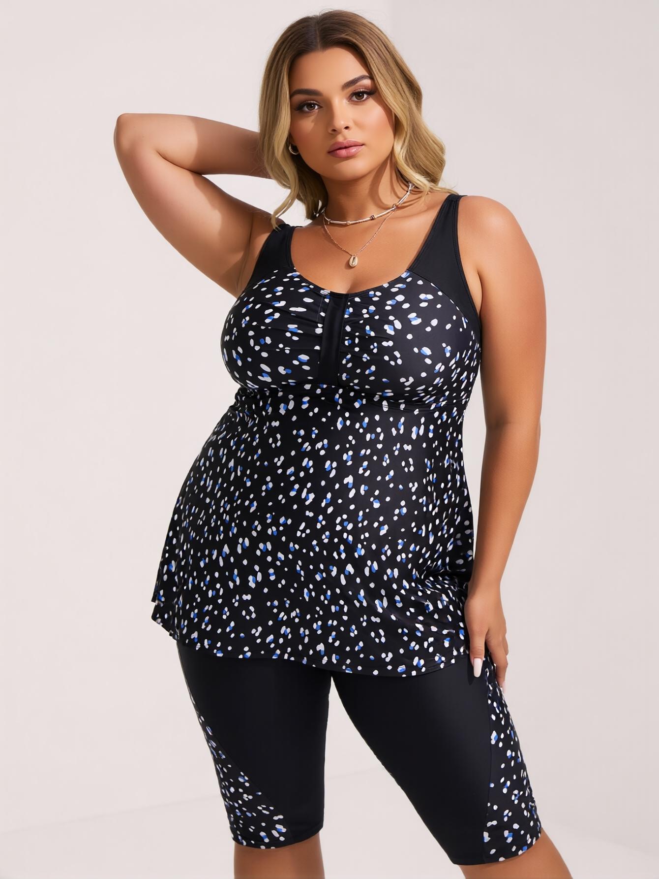 2026 Plus Size High Waist Knee Length Two Piece Tankini Swimsuit Set for Women, New Fashion Scoop Neck Ruched Front Dalmatian Print,High Stretch Tummy Control Modest Beach Vacation Swimwear