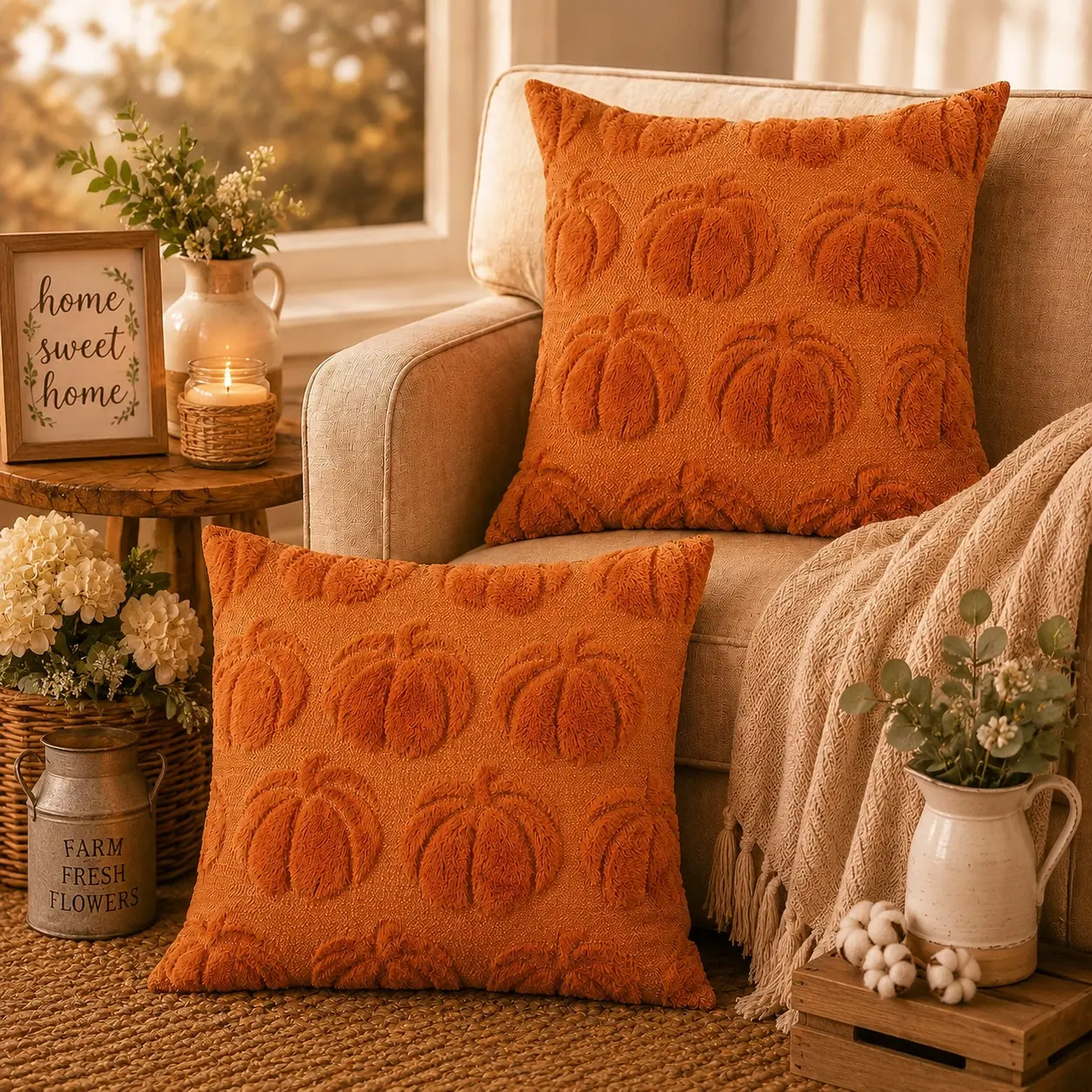 18x18 Inch Set of 2 Farmhouse Fall Throw Pillow Covers, Soft Faux Fur Plush Fluffy Accent Cushion Cases, Orange Pumpkin/White Ghost Decorative Pillows for Halloween, Thanksgiving & Autumn Harvest Home Couch Sofa Decor