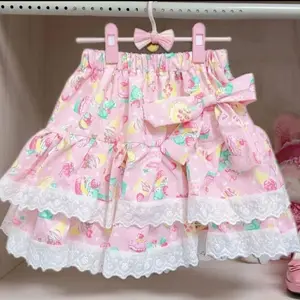 Japanese Sweet Kawaii Print Cake Skirts Women Lolita Style Lace Patchwork Pleated Skirt Summer Y2k High Waist A-Line Mini Skirt