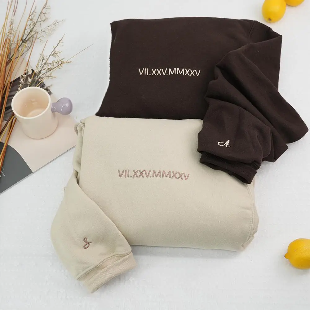 Custom Embroidered Roman Numerals with Initial on Sleeve Sweatshirt, Gift for Boyfriend, Any Year or Cotton Anniversary Gift for Husband