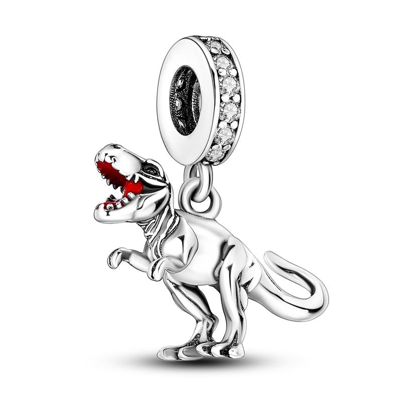 MULA 925 Sterling Silver Roaring Tyrannosaurus Rex Charm | Red Enamel and Zircon Dinosaur Beads | Fierce Jurassic Jewelry | Perfect for Pandora Bracelets and Necklaces | Perfect Gift for Dinosaur Lovers
