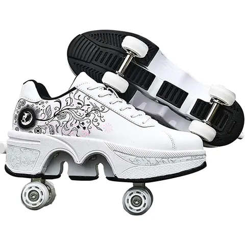 Stylish Adult 2-in-1 Convertible Roller Sneakers - 4-Wheel Shoes with Wheels, Hidden Retractable Button-Operated Skating Shoes, Breathable Fabric, Indoor/Outdoor Walking-Skating Switch, Ideal Holiday Gift