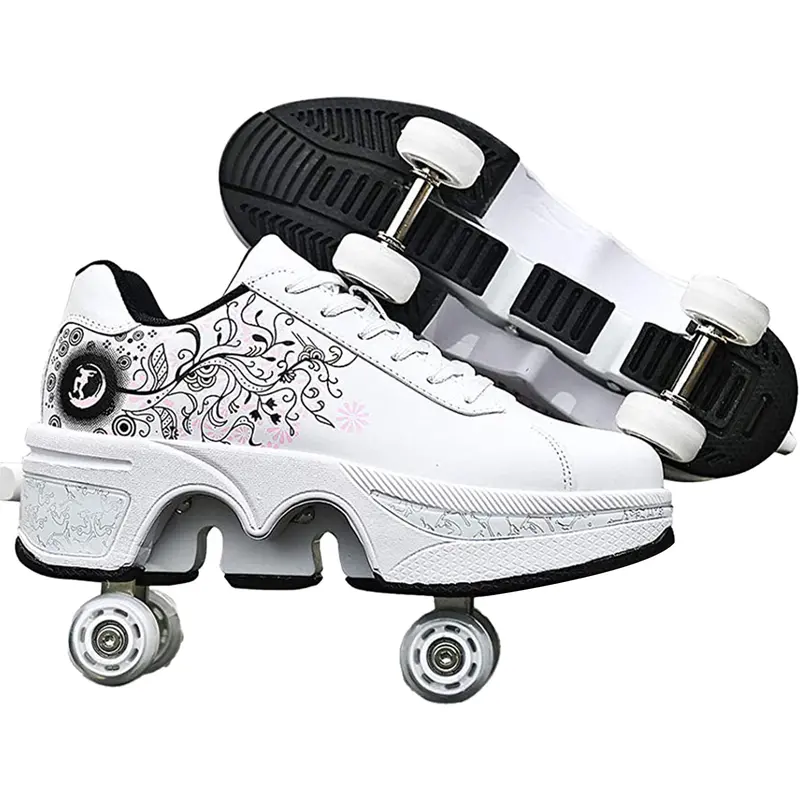 Stylish Adult 2-in-1 Convertible Roller Sneakers - 4-Wheel Shoes with Wheels, Hidden Retractable Button-Operated Skating Shoes, Breathable Fabric, Indoor/Outdoor Walking-Skating Switch, Ideal Holiday Gift