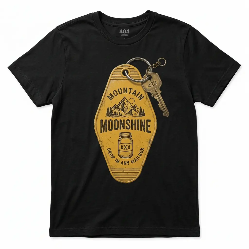 Mountain Moonshine Key Tag Design Men's T-Shirt, Pure Cotton T-Shirt good graphic tees cotton graphic tees summer graphic tees,funny,Regular,Fit Textured Knit Top,baby,dee,jesus,tshirt,,streetwear,,story,,Horror,Movie,Villains,humorous,outfit,thing