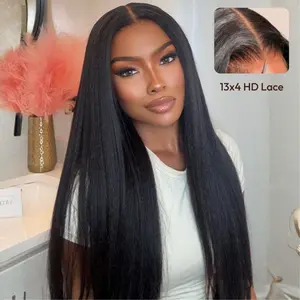 UNice Glueless Kinky Straight 13x4 HD Transparent Lace Frontal Human Hair Wigs with Drawstring Natural Hairline Beginners Friendly