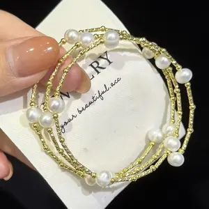 SR Pearl Co. 3 Layer Women Bangle Bracelet  14K Gold Filled with Freshwater Pearl Elegent Style One Size Fits ALL Women Gift