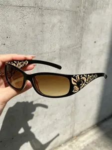 Bohemian Statement Sunglasses, Black Frame Brown Lens Rhinestone Fashion Shades for Women and Men, Vintage Pattern Detail New Arrival Eyewear for Sun Protection, Travel, Cycling, Driving, Daily Styling, Beach Vacation, Parties and Stage Shows