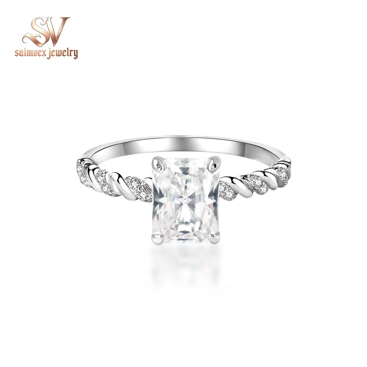 Salmvex Jewelry 3ct Solitaire Twist Band Ring Radiant Synthetic Moissanite Ring Band In 925 Sterling Silver Christmas Gift