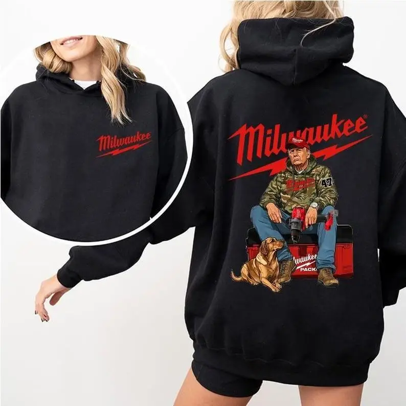 Milwaukee Workwear Hoodie Sweater T-shirt - Bold Milwaukee Logo with Iconic Worker and Dog Graphic, Perfect for Tradesmen and Tool Enthusiasts, Comfor