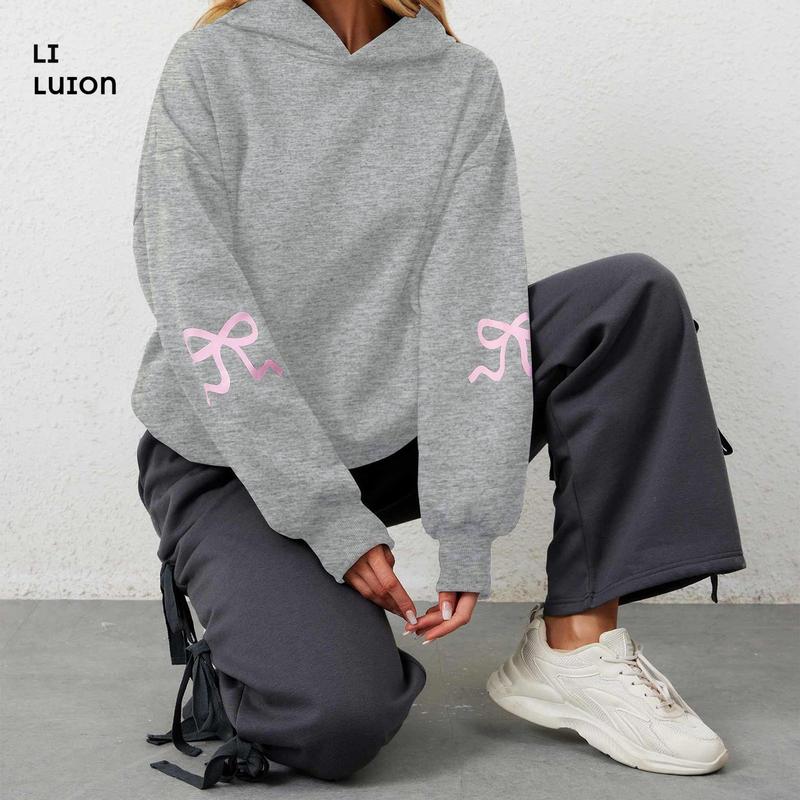 Women's Bow Print Hoodies Oversized Long Sleeve Hooded Sweatshirts Graphic Drop Shoulder Pullover Tops Y2K Clothing