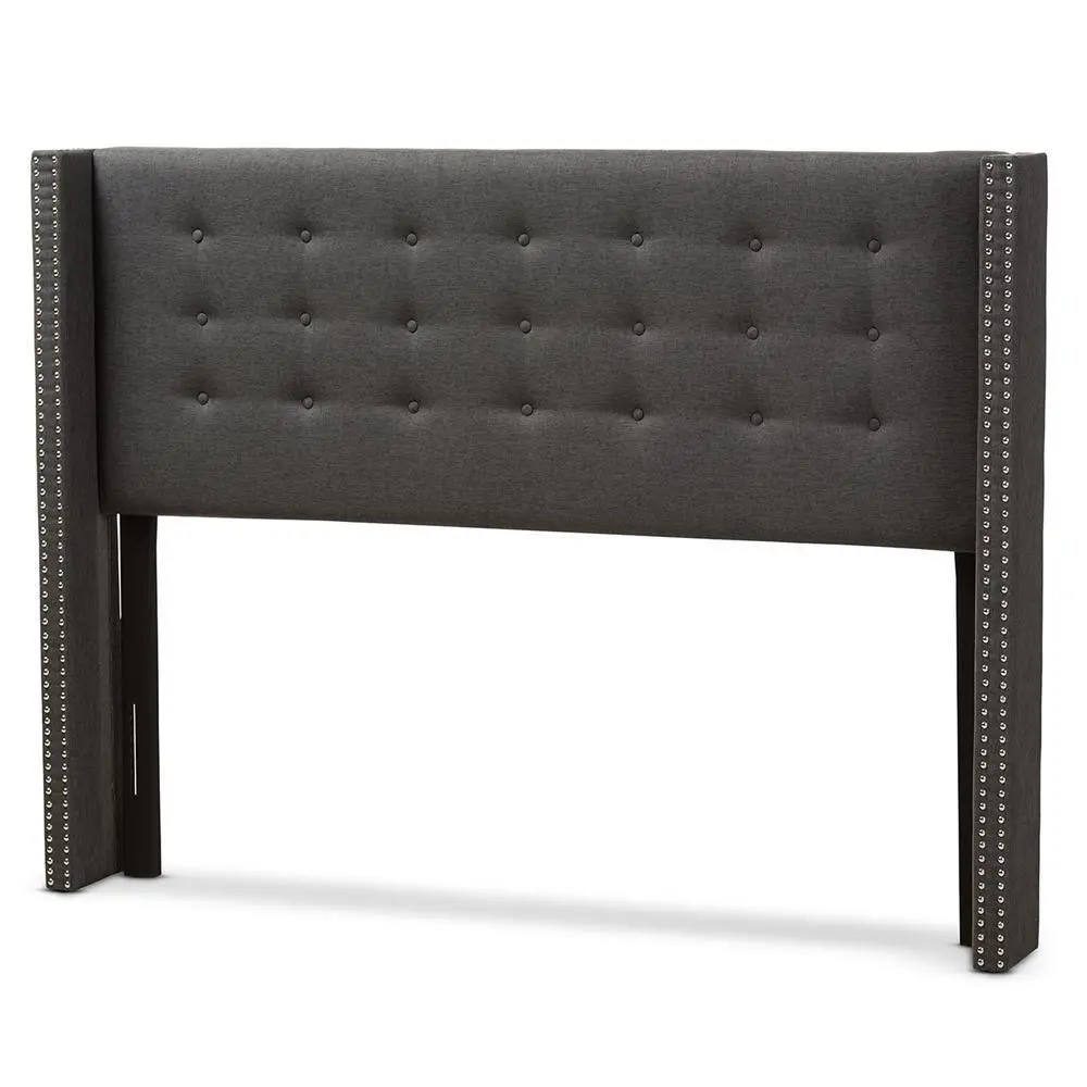 Ginaro Modern And Contemporary Dark Grey Fabric Button-Tufted Nail head King Size Winged Headboard