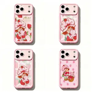 TY-Pink Strawberry Sh0rtcak3 Phone Case,Cute Retro Girl & Strawberry Print with Pink Frame Protective Cover For iPhone 11 12 MINI 13 MINI 14 15 16 17 Air Pro Max for Samsung S26 S25 S24 S23 S22 S21 Case,Gift for her/him/fans