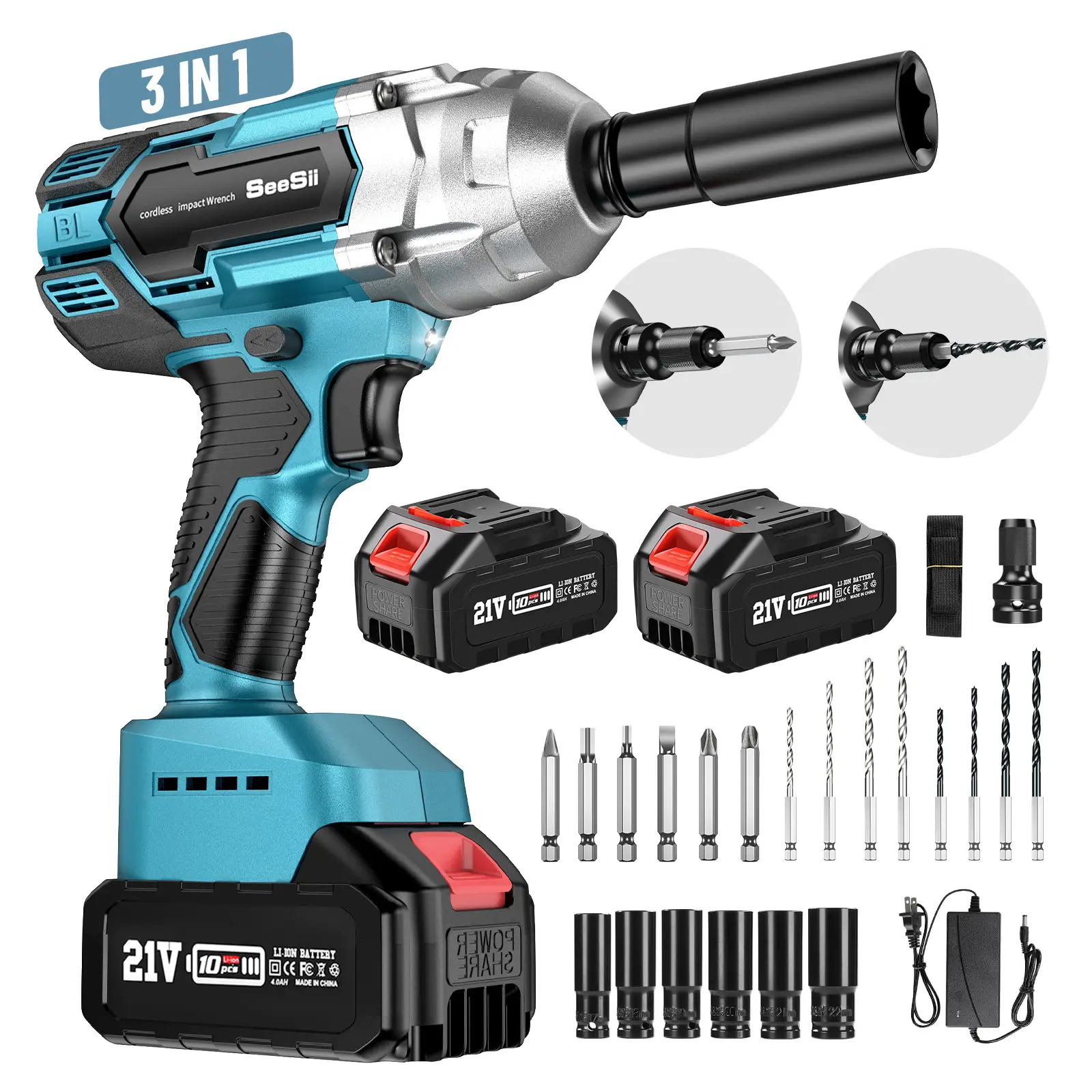 SEESII Cordless Impact Wrench 3-in-1, 1/2'' Brushless Impact Wrench High Torque 3300RPM, 2x 4.0 Ah Batteries, 6 Sockets, 8 Drills, 6 Screws
