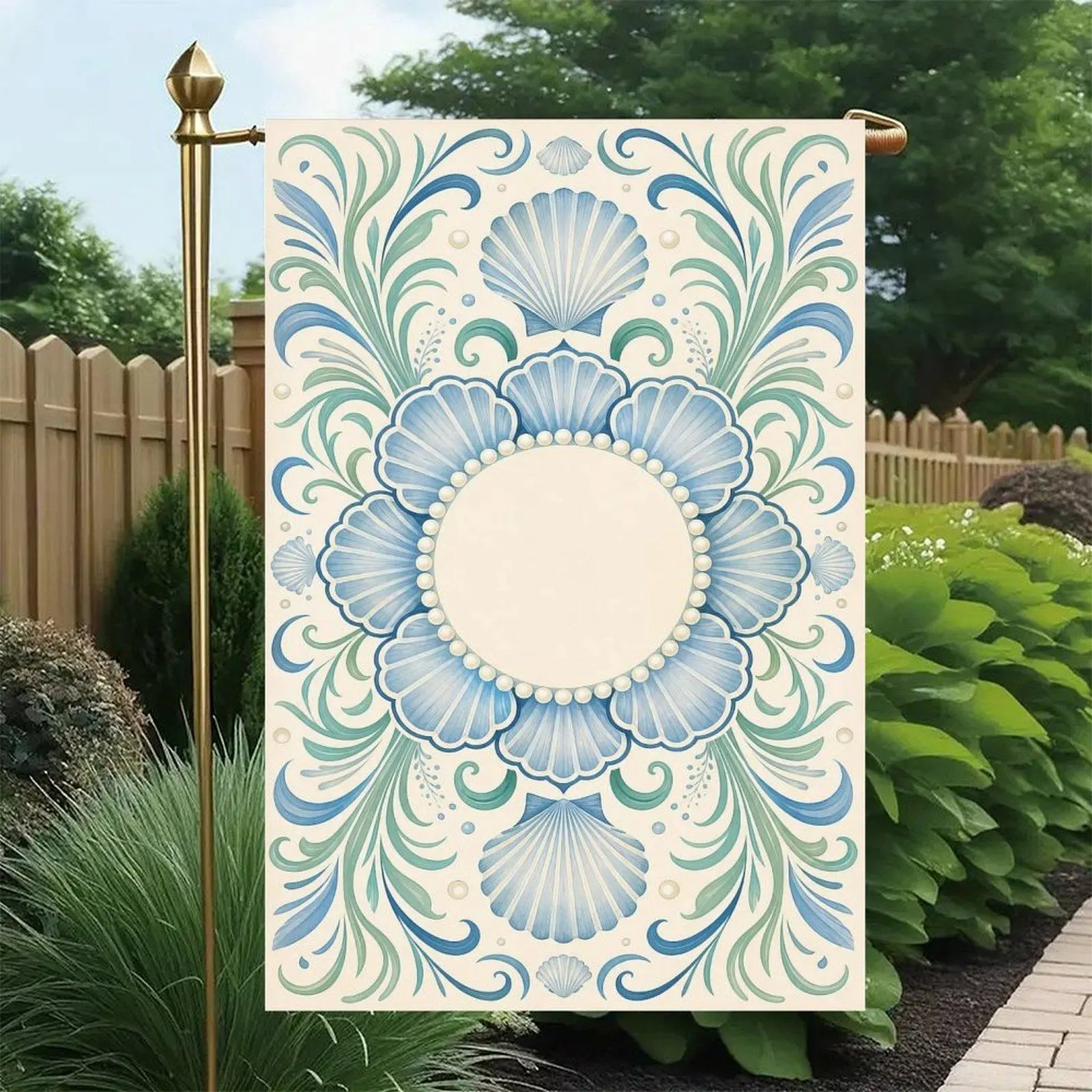 Blue Shell Pearl Coastal Wreath Scroll Seaside Minimalist Nautical Blank Frame Decorative Garden Flag Double-Sided 12x18in, Beach Ocean Blank Custom Patio Banner