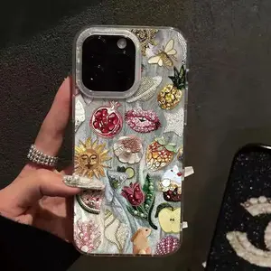 Vintage Glam Collage Shiny Phone Case for iPhone 17/16/15/14/13/12/11 Pro/Plus/Pro Max/Air TPU PET Protective Cover with Luminous Silver Foil & Aesthetic Jeweled Motifs Protection