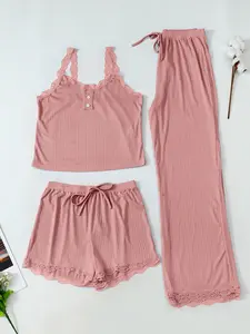 Women's Sleepwear Loungewear Set, 3-Piece Round Neck Spaghetti Strap Lace Trim Pajamas, Soft Breathable Comfortable Casual Home Wear