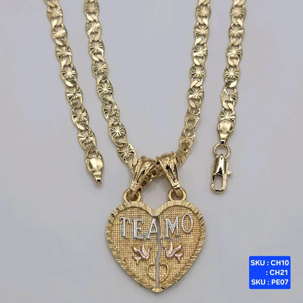 Te Amo necklace, platted-gold three colors pendant,  chain 24 & 18 inches 5mm available. Cadena con corazon de tres colores Te Amo. Oro laminado Laminated Gold. SKU : CH10, CH21 SKU : PE07
