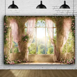 Castle Window Pattern Photo Backdrop, Floral Pattern Photo Background, Party Decoration Banner, Spring Easter Photo Background, Studio Props, Ornaments