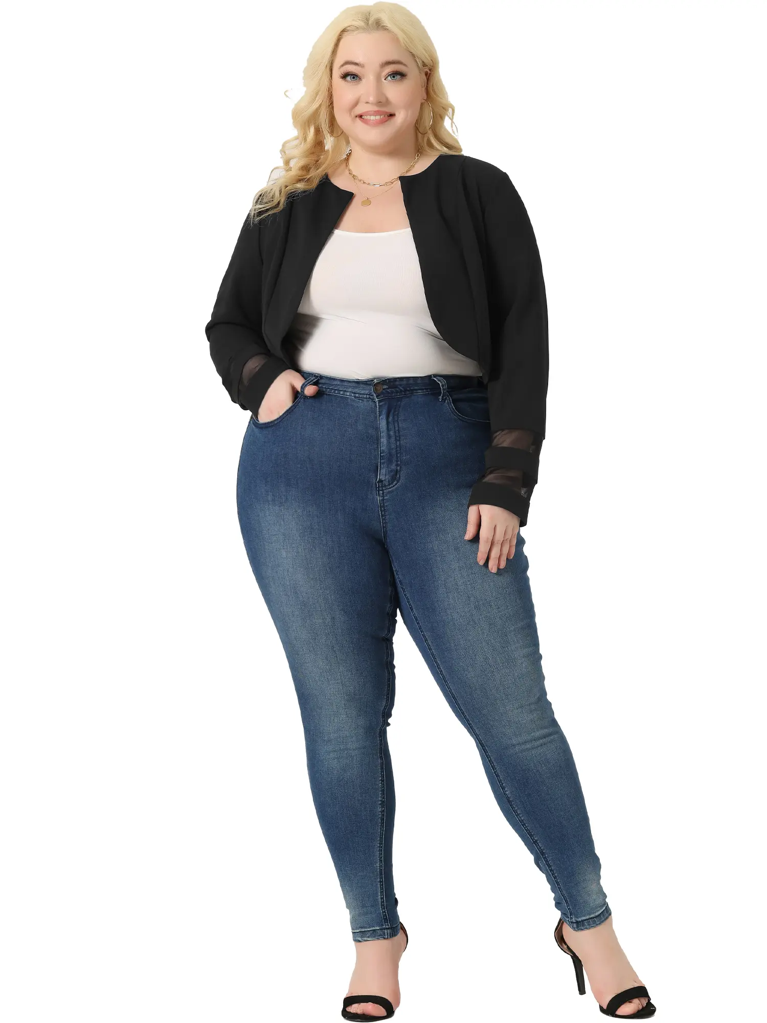 Agnes Orinda Plus Size Blazer Jacket for Women Mesh Long Sleeve Open Front Cropped Shrug Bolero Cardigan