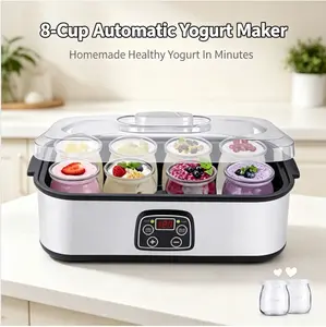 8-Cup Automatic Yogurt Maker with Digital LED Control, BPA-Free Glass Jars, Stainless Steel Body, Multi-Functional Fermenter for Yogurt, Natto, and Kombucha, Compact Size for Home Kitchen