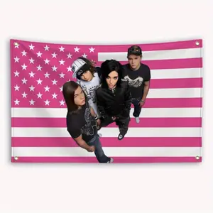 1pc Rock T-Tokio H-Hotel American Flag Banner - Bright Pink & White Patriotic Garage Flag with Dynamic Character Design,  Indoor/Outdoor Decor for Bedroom,