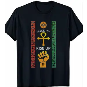 Men's Egyptian Hieroglyph Pattern T-Shirt - 100% Cotton Ankh and Eye of Horus Print, Eye-Catching Color Block Stripe Design, 'WAKE UP RISE UP' Text, All-Season Comfort Regular Fit Crew Neck Short Sleeve T-Shirt, Casual Wear, Breathable Fabric, Machine