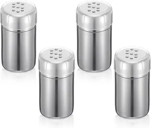 4-Pack Mini Stainless Steel Salt and Pepper Shakers with Lid Seasoning Dredge Shaker, Portable Spice Containers for Travel, Camping, Lunch Box, Leak-Proof (1.9”h X 0.98”w)