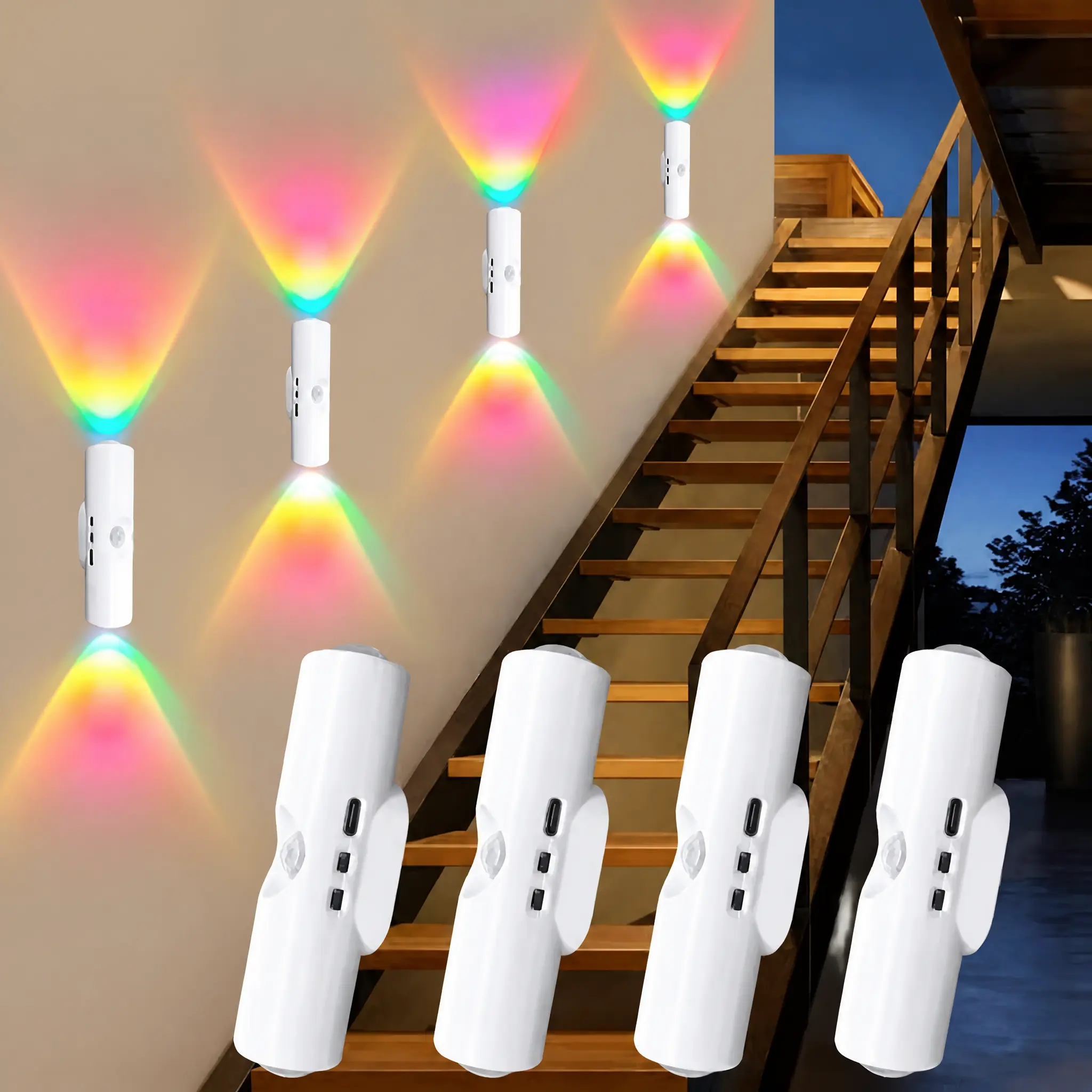 2/4/6PCS Contemporary Dual-Head Cat-Eye Motion Sensor LED Wall Lamp, USB Charging, RGB Colorful Night Light, 3/7 Color Modes, Stepless Dimming, Accent Lights for Bedroom Lighting, Staircase, House Decor, Closet Use
