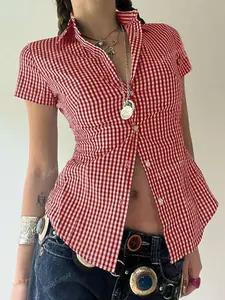 Y2K Women’s Red Checkered College Shirt – Slim Fit Short Sleeve Button Down Top