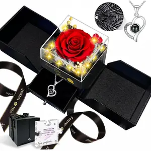 Preserved Real Rose Birthday Gifts for Women Eternal  Rose for Mom Her Wife Girlfriend  Anniversary with I Love You Necklace Romantic  (Red)