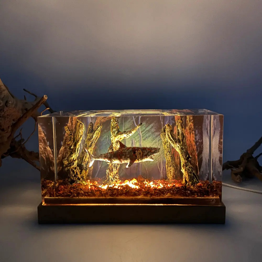 Diorama Zombie Shark Night Light, Great White Shark Lamp, Handmade Resin LED Decorative Lamp, with USB Port, Variable Lights, Artistry Home Decor Bedside Ornaments, Unique Birthday Gifts for Him & Her