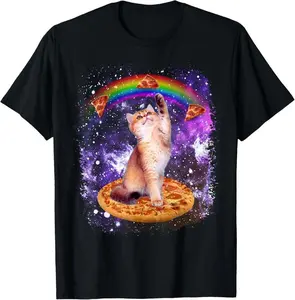 100%25 Cotton Space Cat Pizza Rainbow Cat Galaxy Cute Kitty In Space T-Shirt