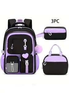 Three-Piece Student Backpack Set, Lightweight Casual Shoulder Bag for Girls, Large Capacity School Travel Camping Backpack