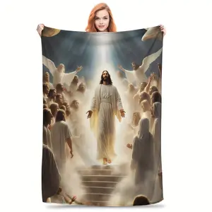1 Piece Modern Jesus Christ Flannel Cozy Blanket Throw, 250-300gsm Knitted Polyester Fiber, Multi-Purpose Warm Cozy Blanket for Travel