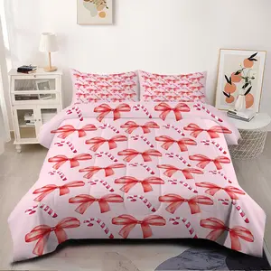 Pink Bow Candy Cane 2/3pcs Comforter Set, Sweet Refreshing Full Festive Atmosphere Bedding Set,Light Pink Background is Warm Comfortable, Create Sweet Watercolor-Style, Fantastical Bedroom Style, Perfect ,Including 1 or 2 Pillow Cases (No Pillow Insert).