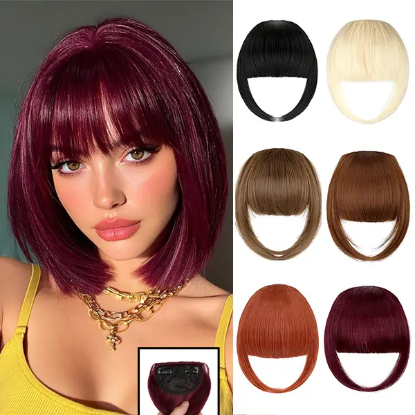 Lansigreen Clip-In French Bangs Hair Extensions for Women, 2-Clips 8in Thick Straight Synthetic Fringe with Temple Volume, Heat-Resistant, 30g Lightweight for Daily Wear & Party