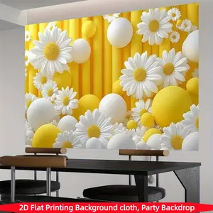 Daisy floral photography backdrop，bright yellow and white flowers with striped accents,made of polyester fabric.Suitable for indoor and outdoor party banners for weddings, birthdays, studio photography, room, terrace, studio, home and garden celebrations