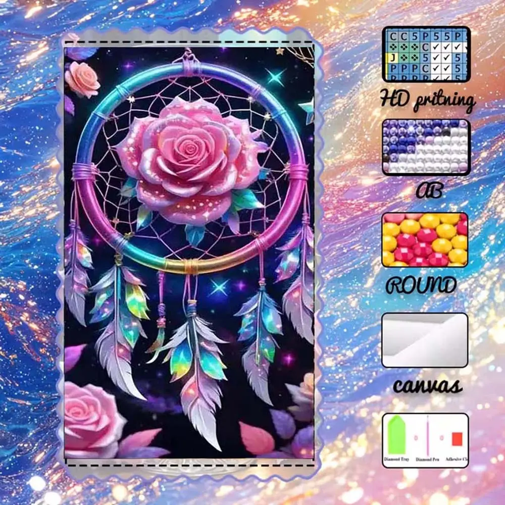 DIY 5D Flocking Diamond Painting Kit, AB Drills, Fairy Dust Drills, Crystal Drills, Rose, Flower Embroidery, Dreamcatcher, Feather Diamond Embroidery, Special Craft Art Set, Handicraft, Wall Decoration, Gift for Family, Lovers, Friends