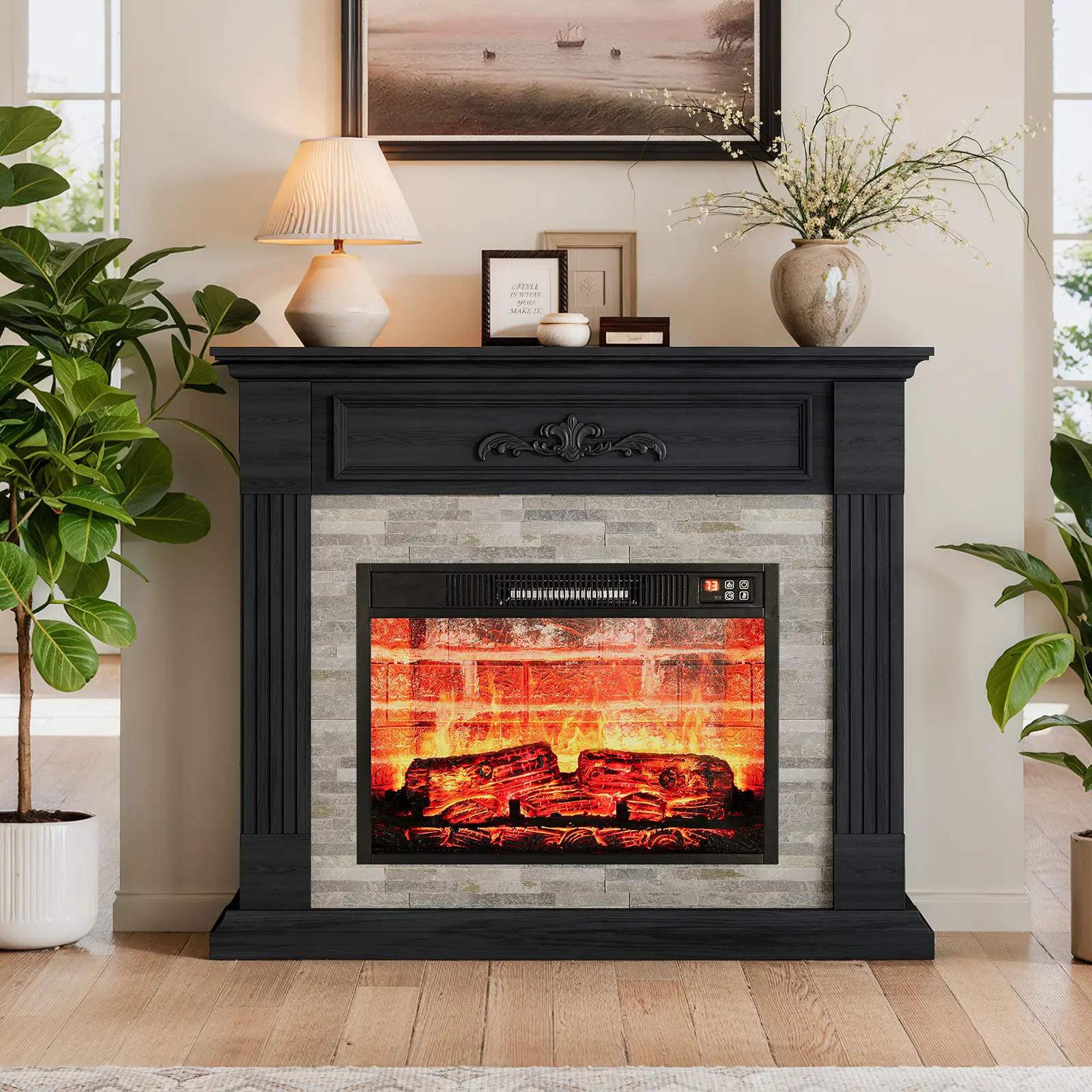 LGHM 44" Built-in Engineered Wood Farmhouse TV Stand with Fireplace - 1400W Power Heater, 3D Realistic Flame, Stacked Stones, Carved Design for Small Spaces Living Room